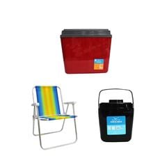 KIT CAIXA TÉRMICA 34L VERMELHA INVICTA + CADEIRA PRAIA ALTA ALUMÍNIO COLORIDA MOR + PORTA GELO 2,5L PRETO COM ALÇA INVICTA