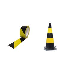 KIT FITA ZEBRADA PRETA E AMARELA PLASTC + CONE SINALIZADOR 75 CENTÍMETROS PRETO E AMARELO PLASTC