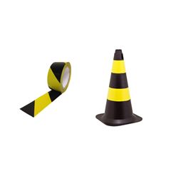 KIT FITA ZEBRADA PRETA E AMARELA PLASTC + CONE SINALIZADOR 50 CENTÍMETROS PRETO E AMARELO PLASTC