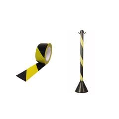 KIT FITA ZEBRADA PRETA E AMARELA PLASTC + PEDESTAL ORGANIZADOR DE FILAS ZEBRADO PRETO E AMARELO 93CM PLASTC