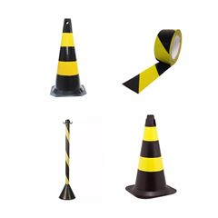 KIT FITA ZEBRADA PRETA E AMARELA PLASTC + CAVALETE DE SINALIZAÇÃO PERIGO AFASTE-SE PLASTC + CONE SINALIZADOR 75 CENTÍMETROS PRETO E AMARELO PLASTC + PEDESTAL ORGANIZADOR DE FILAS ZEBRADO PRETO E AMARE