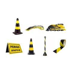 KIT FITA ZEBRADA PRETA E AMARELA PLASTC + CORRENTE PLÁSTICA DE SINALIZAÇÃO PRETA E AMARELA ELO PEQUENO PLASTC + CORRENTE PLÁSTICA DE SINALIZAÇÃO PRETA E AMARELA ELO GRANDE PLASTC + CONE SINALIZADOR 50