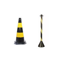 KIT CONE SINALIZADOR 75 CENTÍMETROS PRETO E AMARELO PLASTC + PEDESTAL ORGANIZADOR DE FILAS ZEBRADO PRETO E AMARELO 93CM PLASTC