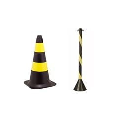 KIT CONE SINALIZADOR 50 CENTÍMETROS PRETO E AMARELO PLASTC + PEDESTAL ORGANIZADOR DE FILAS ZEBRADO PRETO E AMARELO 93CM PLASTC