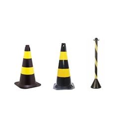 KIT CONE SINALIZADOR 50 CENTÍMETROS PRETO E AMARELO PLASTC + CONE SINALIZADOR 75 CENTÍMETROS PRETO E AMARELO PLASTC + PEDESTAL ORGANIZADOR DE FILAS ZEBRADO PRETO E AMARELO 93CM PLASTC