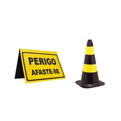 KIT CONE SINALIZADOR 50 CENTÍMETROS PRETO E AMARELO PLASTC + CAVALETE DE SINALIZAÇÃO PERIGO AFASTE-SE PLASTC