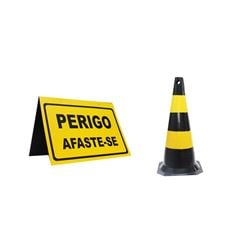 KIT CONE SINALIZADOR 75 CENTÍMETROS PRETO E AMARELO PLASTC + CAVALETE DE SINALIZAÇÃO PERIGO AFASTE-SE PLASTC